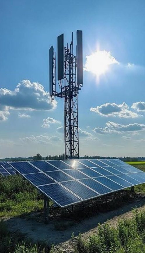 Solar-powered telecom infrastructure: a cellphone tower beside a ground-mount solar array